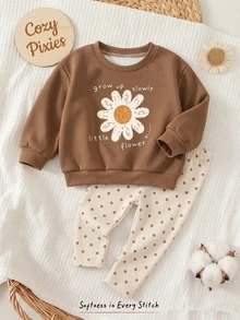 Baby Girl Casual Minimalist Loose Crew Neck Sweatshirt And Elastic Waist Long Pants Set, Thermal Lined, Suitable For Autumn/Winter - Multicolor - View 1