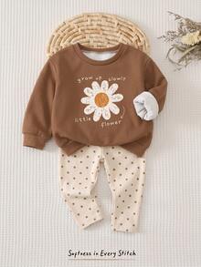 Baby Girl Casual Minimalist Loose Crew Neck Sweatshirt And Elastic Waist Long Pants Set, Thermal Lined, Suitable For Autumn/Winter - Multicolor - View 8