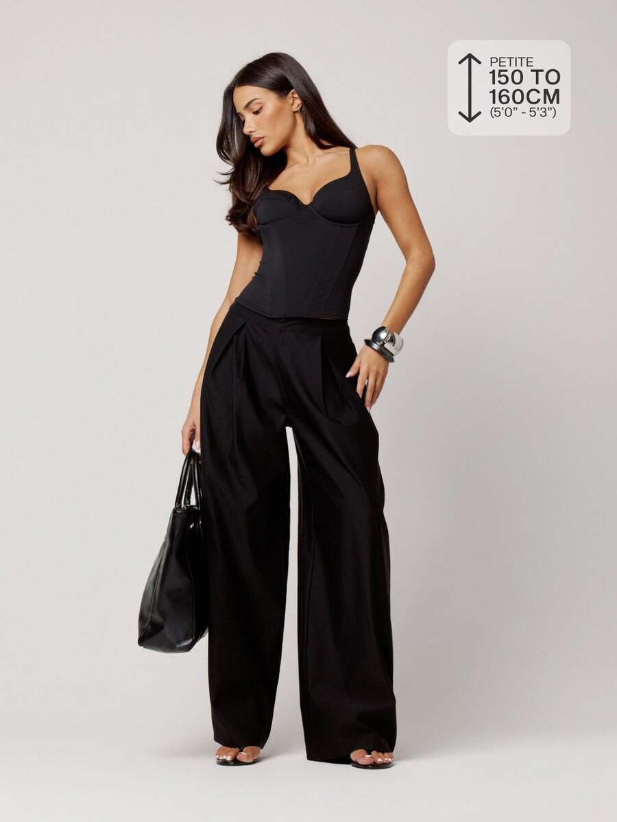 Musera Petite Black Pleated Wide Balloon Leg Suit Trousers Fall Autumn Winter Back To School Daily Everyday - Black - View 1