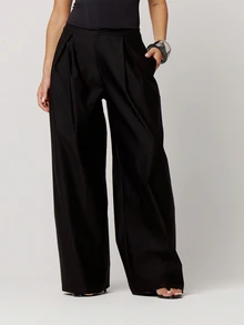Musera Petite Black Pleated Wide Balloon Leg Suit Trousers Fall Autumn Winter Back To School Daily Everyday - Black - View 5