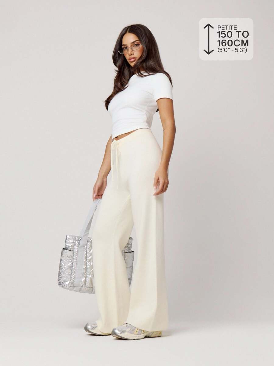 Musera Petite Knitted Drawstring Waist Wide Leg Relaxed Trousers Fall Autumn Winter Back To School Daily Everyday - Khaki - View 1
