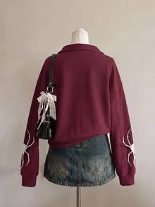 SHEIN EZwear 女款白色蜘蛛印花圖案酒紅色寬鬆半拉鍊高領輕便套頭運動衫，適合秋冬、萬聖節、電影約會、朋友聚會 - 彩色 - 查看 2