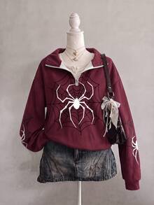 SHEIN EZwear 女款白色蜘蛛印花圖案酒紅色寬鬆半拉鍊高領輕便套頭運動衫，適合秋冬、萬聖節、電影約會、朋友聚會 - 彩色 - 查看 1