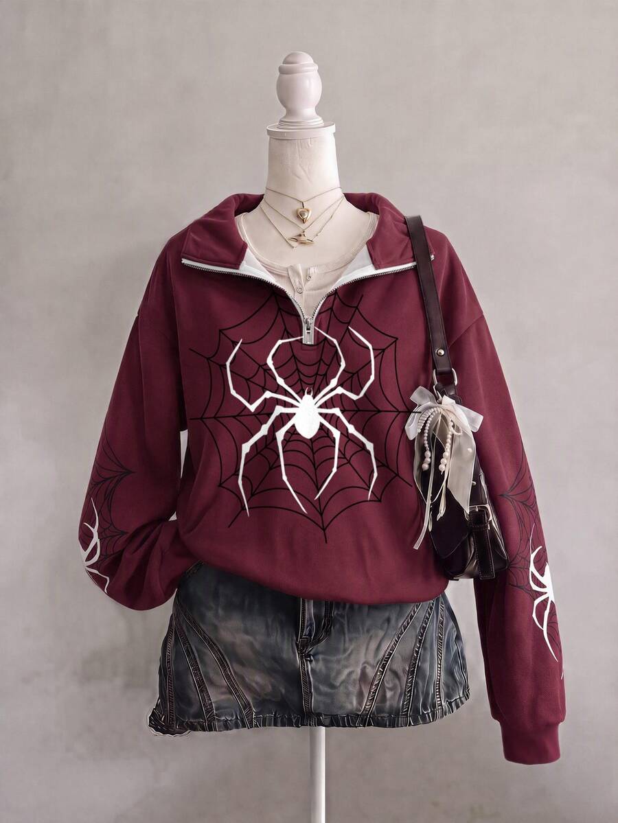 SHEIN EZwear 女款白色蜘蛛印花圖案酒紅色寬鬆半拉鍊高領輕便套頭運動衫,適合秋冬、萬聖節、電影約會、朋友聚會 - 彩色 - 查看 1