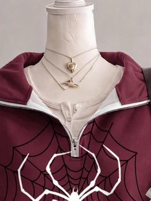 SHEIN EZwear 女款白色蜘蛛印花圖案酒紅色寬鬆半拉鍊高領輕便套頭運動衫，適合秋冬、萬聖節、電影約會、朋友聚會 - 彩色 - 查看 5