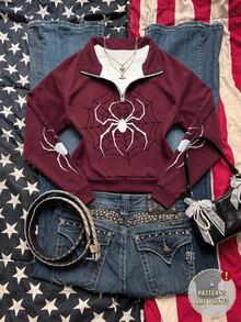 SHEIN EZwear 女款白色蜘蛛印花圖案酒紅色寬鬆半拉鍊高領輕便套頭運動衫，適合秋冬、萬聖節、電影約會、朋友聚會 - 彩色 - 查看 3