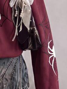 SHEIN EZwear 女款白色蜘蛛印花圖案酒紅色寬鬆半拉鍊高領輕便套頭運動衫，適合秋冬、萬聖節、電影約會、朋友聚會 - 彩色 - 查看 4