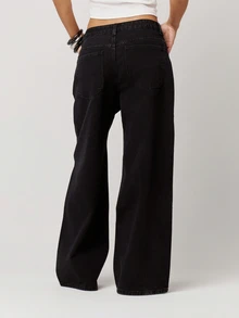 Musera Petite Black Low Rise Straight Leg Pocketed Denim Jeans Fall Autumn Winter Back To School Daily Everyday - Black - View 3