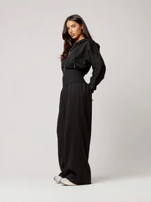 Musera Petite Black Hooded Zip Through Cinched Waist Jumpsuit Fall Autumn Winter Back To School Daily Everyday - Black - View 2