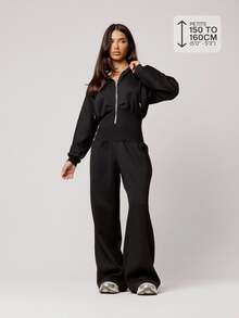 Musera Petite Black Hooded Zip Through Cinched Waist Jumpsuit Fall Autumn Winter Back To School Daily Everyday - Black - View 1