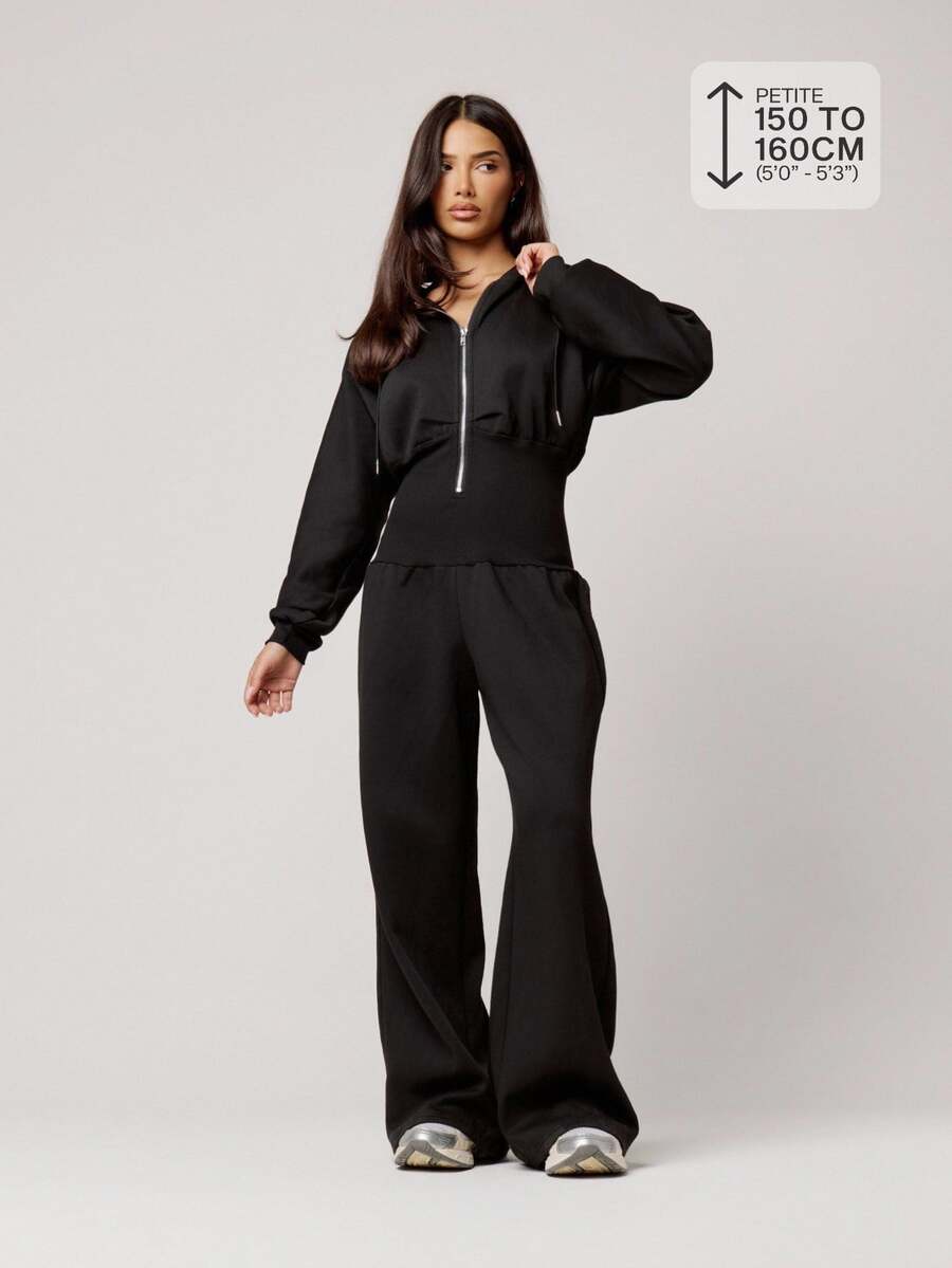 Musera Petite Black Hooded Zip Through Cinched Waist Jumpsuit Fall Autumn Winter Back To School Daily Everyday - Black - View 1