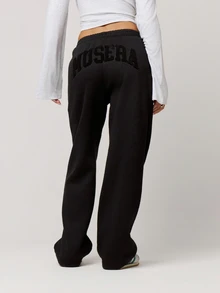 Musera Petite Flocking Wide Leg Joggers Tracksuit Bottoms Fall Autumn Winter Back To School Daily Everyday - Black - View 2