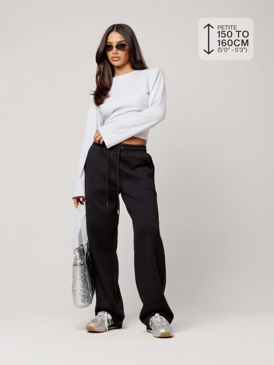 Musera Petite Flocking Wide Leg Joggers Tracksuit Bottoms Fall Autumn Winter Back To School Daily Everyday - Black - View 1
