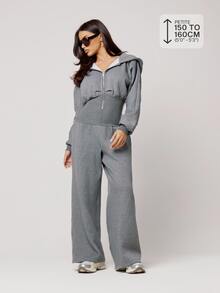 Musera Petite Grey Hooded Zip Through Cinched Waist Jumpsuit Fall Autumn Winter Back To School Daily Everyday - Grey - View 1