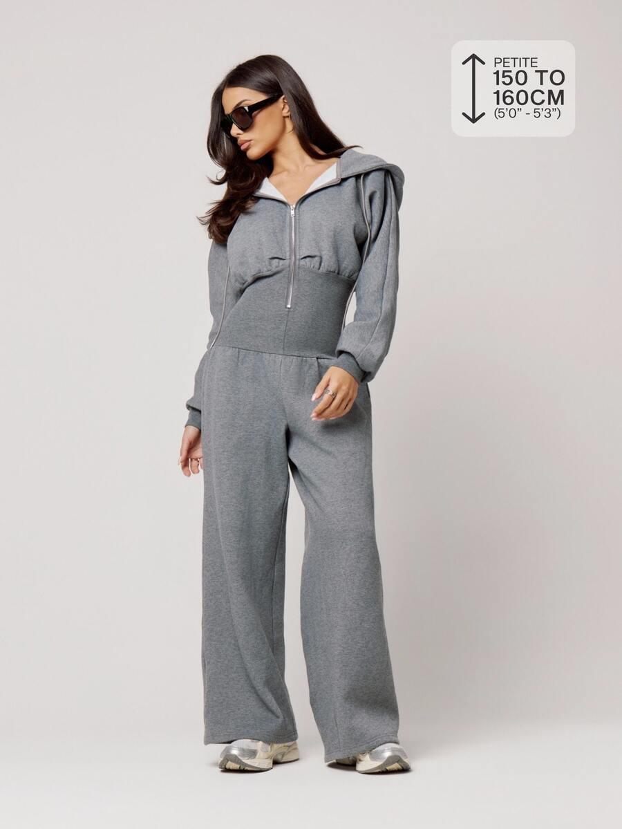 Musera Petite Grey Hooded Zip Through Cinched Waist Jumpsuit Fall Autumn Winter Back To School Daily Everyday - Grey - View 1