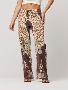 Musera Petite 豹紋綁帶直筒牛仔褲 秋冬返校日常穿搭 - 棕色 - 查看 2