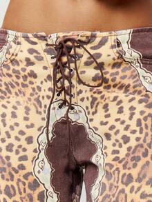 Musera Petite 豹紋綁帶直筒牛仔褲 秋冬返校日常穿搭 - 棕色 - 查看 4