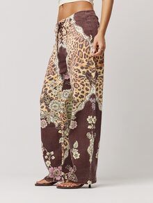 Musera Petite 豹紋綁帶直筒牛仔褲 秋冬返校日常穿搭 - 棕色 - 查看 5