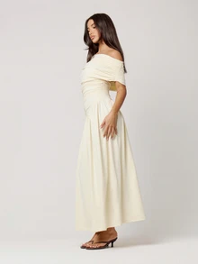 Musera Petite فستان ماكسي طويل بتصميم مكشكش ودرابيه غير متماثل وخصر مشدود، للخريف والشتاء، للاستخدام اليومي والخروجات والمناسبات - لون مشمشي - مشاهدة 2