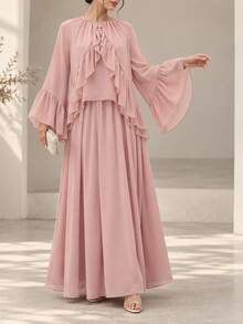 Graceveil Women's Chiffon Flare Sleeve Ruffle Blouse And Elegant Sexy Romantic Modest Maxi Skirt Set Wedding Tea Party Dinner Party Birthday Dusty Pink Autumn - Pink - View 1