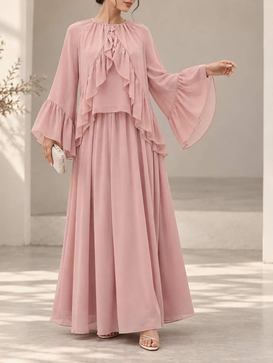Graceveil Women's Chiffon Flare Sleeve Ruffle Blouse And Elegant Sexy Romantic Modest Maxi Skirt Set Wedding Tea Party Dinner Party Birthday Dusty Pink Autumn - Pink - View 1