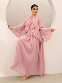 Graceveil Women's Chiffon Flare Sleeve Ruffle Blouse And Elegant Sexy Romantic Modest Maxi Skirt Set Wedding Tea Party Dinner Party Birthday Dusty Pink Autumn - Pink - View 7