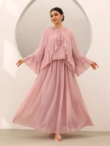 Graceveil Women's Chiffon Flare Sleeve Ruffle Blouse And Elegant Sexy Romantic Modest Maxi Skirt Set Wedding Tea Party Dinner Party Birthday Dusty Pink Autumn - Pink - View 3