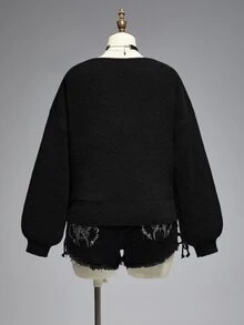 ROMWE Goth Sweater Pullover Ukuran Besar Kasual Serbaguna dengan Potongan Longgar dan Motif Kupu-kupu Bordir Transparan di Bagian Dada - Hitam - View 3
