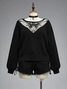 ROMWE Goth Sweater Pullover Ukuran Besar Kasual Serbaguna dengan Potongan Longgar dan Motif Kupu-kupu Bordir Transparan di Bagian Dada - Hitam - View 1