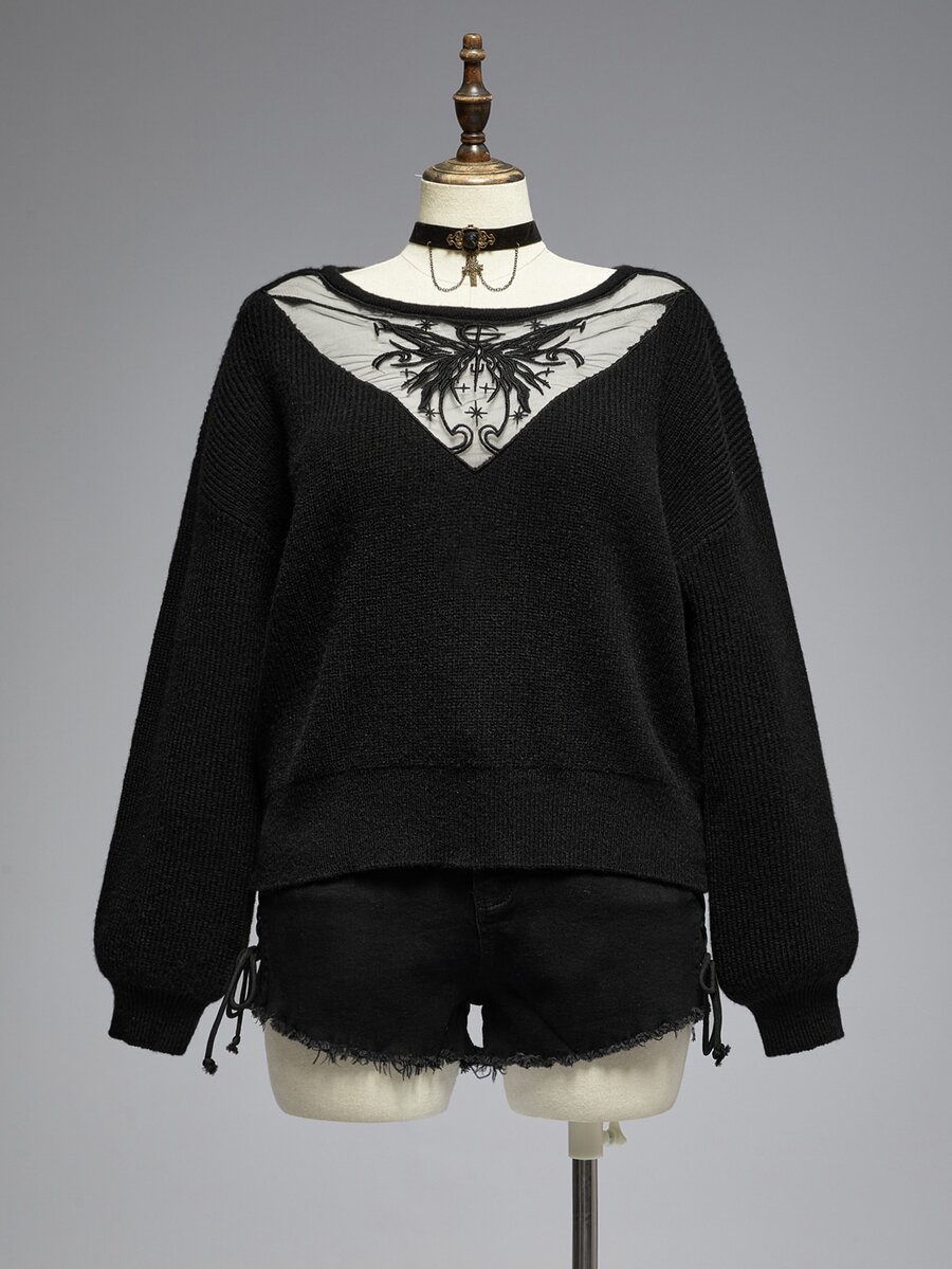 ROMWE Goth Sweater Pullover Ukuran Besar Kasual Serbaguna dengan Potongan Longgar dan Motif Kupu-kupu Bordir Transparan di Bagian Dada - Hitam - View 1