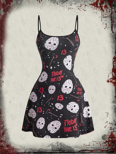 Friday the 13th X ROMWE فستان كامي نسائي مقاس كبير بخصر مشدود وطبعة تصميم تعاون فيلم رعب IP للهالوين