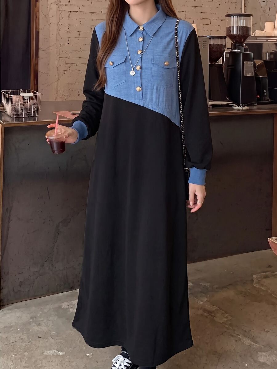 Seusyu Casual Minimalist Colorblock Shirt Collar Long Sleeve Loose Regular Fit Spring/Autumn Plus Size Sweatshirt - Multicolor - View 1