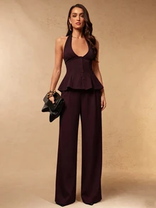 Silquee Women's Solid Color Halter Top And Pants Set - Maroon - View 3