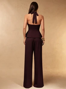 Silquee Women's Solid Color Halter Top And Pants Set - Maroon - View 2