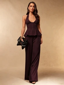 Silquee Women's Solid Color Halter Top And Pants Set - Maroon - View 4