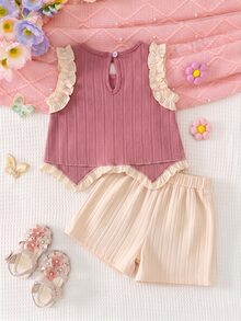 SHEIN Baby Girls' Pink Pastel Ruffle Bow Vest Top Paired With Casual Cute Shorts, Cute Outfit For Daily, Vacation, Commute Vacation Summer - Pink - View 2