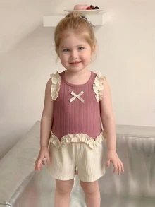 SHEIN Baby Girls' Pink Pastel Ruffle Bow Vest Top Paired With Casual Cute Shorts, Cute Outfit For Daily, Vacation, Commute Vacation Summer - Pink - View 6