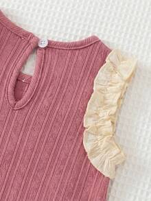 SHEIN Baby Girls' Pink Pastel Ruffle Bow Vest Top Paired With Casual Cute Shorts, Cute Outfit For Daily, Vacation, Commute Vacation Summer - Pink - View 3