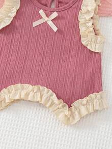 SHEIN Baby Girls' Pink Pastel Ruffle Bow Vest Top Paired With Casual Cute Shorts, Cute Outfit For Daily, Vacation, Commute Vacation Summer - Pink - View 5