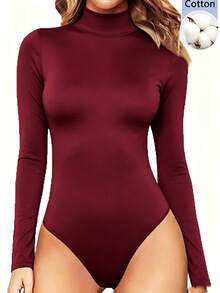 SHEIN 女款純色街頭風高領長袖連身衣，適合商務辦公 - 黑色 - 查看 3