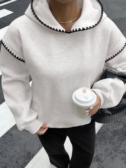 Livesso Sweat-shirt-shirt à capuche décontracté ample pour femme, noir et blanc, couleur unie, avec bordure dentelée, manches longues, Sweat-shirt-shirt, automne, voyage