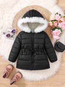 SHEIN Baby Girl Cute Autumn/Winter Black Thermal Lined Padded Coat Set - Black - View 7