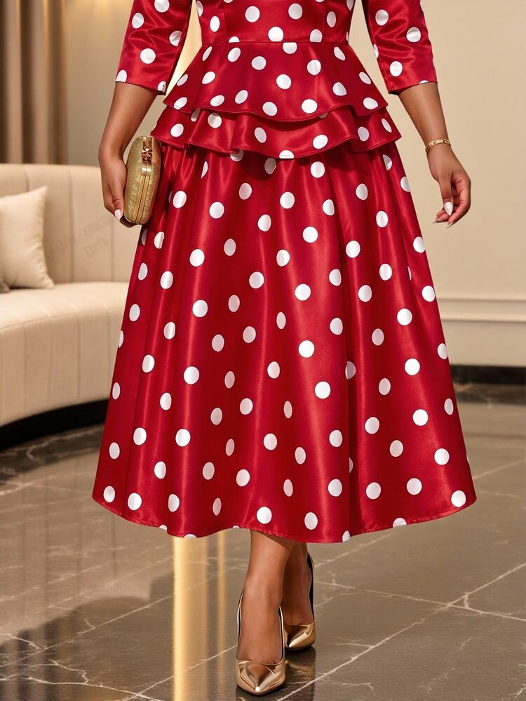 SHEIN Lady Plus Size Women Polka Dot Casual Elegant Daily Wear Skirt Party Vacation Formal Red And White Summer Fall - Red and White - View 2
