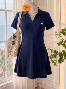 Comfortcana Plus Size Summer Casual Embroidered Detail Dress Back-To-School Navy Blue - Navy Blue - View 5