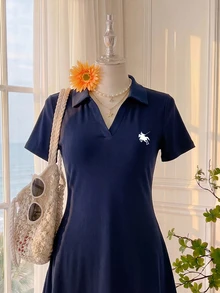 Comfortcana Plus Size Summer Casual Embroidered Detail Dress Back-To-School Navy Blue - Navy Blue - View 4