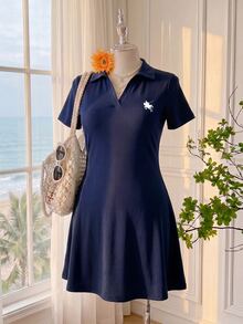 Comfortcana Plus Size Summer Casual Embroidered Detail Dress Back-To-School Navy Blue - Navy Blue - View 3