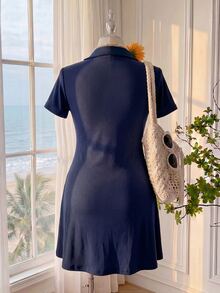 Comfortcana Plus Size Summer Casual Embroidered Detail Dress Back-To-School Navy Blue - Navy Blue - View 2