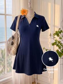 Comfortcana Plus Size Summer Casual Embroidered Detail Dress Back-To-School Navy Blue - Navy Blue - View 7