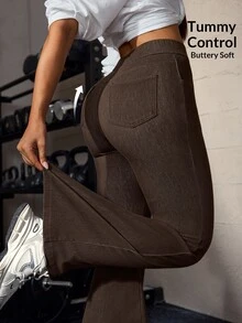 Flexra Dark Brown Casual Flared Long Pants With Wide Waistband, Elastic High Waist Fit, Hip-Hugging Slimming Design, All-Season Versatile Gym Fall Workout - Coffee Brown - View 12
