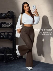 Flexra Dark Brown Casual Flared Long Pants With Wide Waistband, Elastic High Waist Fit, Hip-Hugging Slimming Design, All-Season Versatile Gym Fall Workout - Coffee Brown - View 9